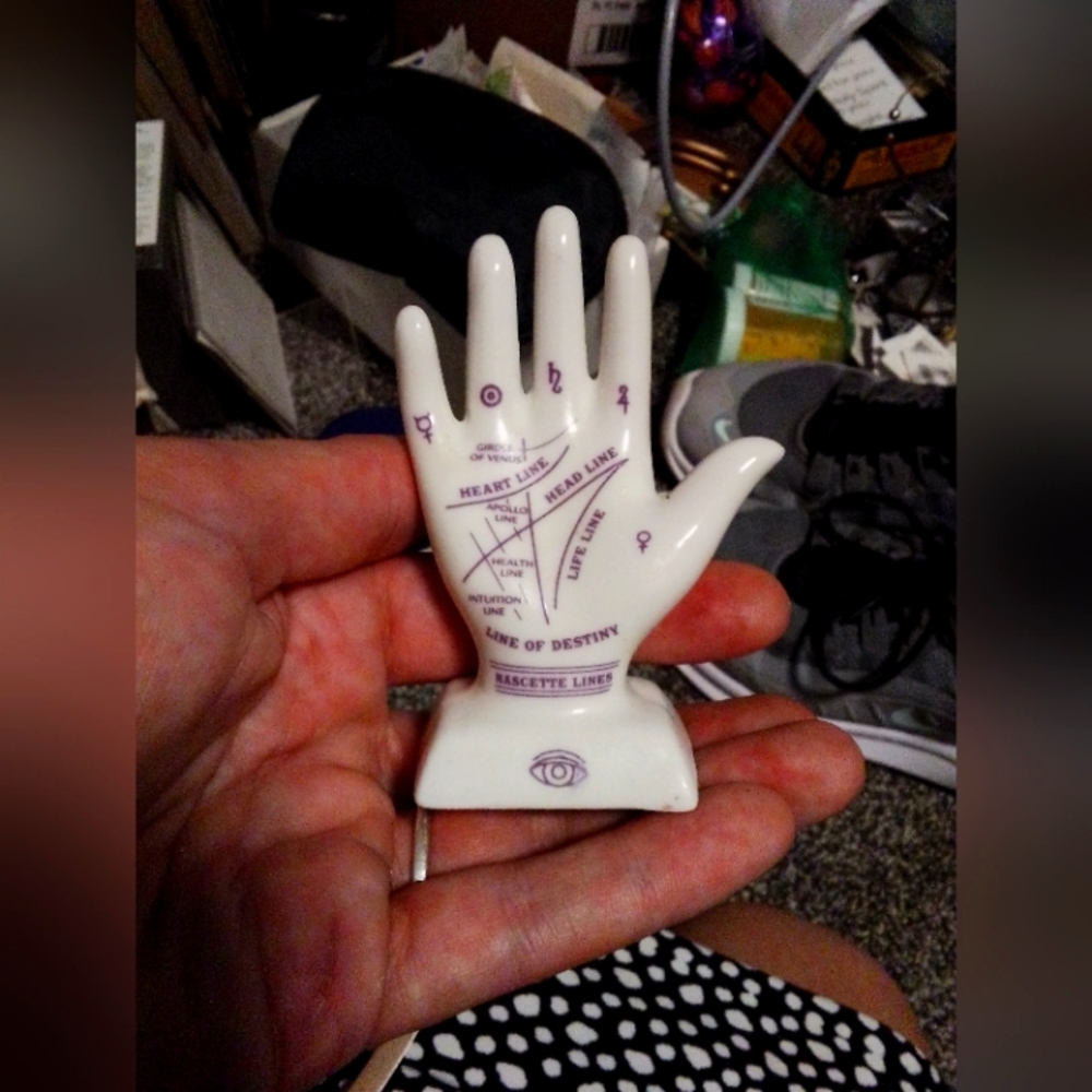 Hand statue with palm reading book